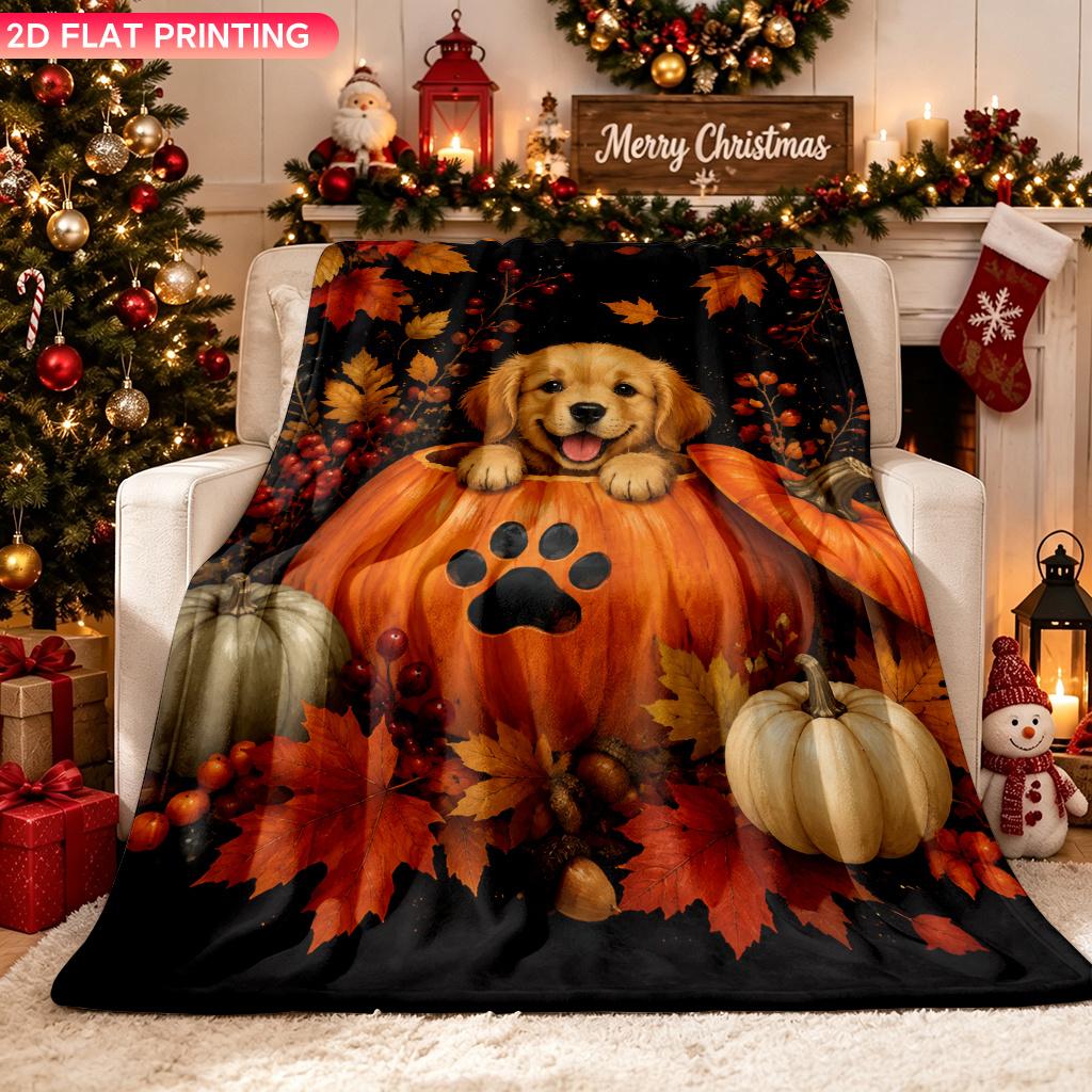 Blanket 1pc Autumn Puppy in Pumpkin 2D-Printed Flannel Throw Blanket - Soft And Cozy Suitable for Use on The Sofa While Traveling