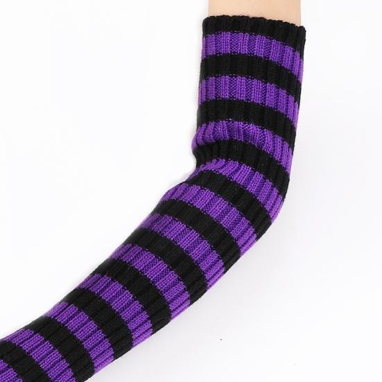 Women Striped Elbow Gloves Winter Knitted Arm Warmers Goth Punk Fingerless Gloves Stretchy Mittens with Thumb Hole for Daily Wear Cosplay