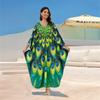 Летнее шикарное зеленое свободное пляжное платье-кафтан с принтом павлина 2024, женская праздничная домашняя одежда с v-образным вырезом, пляжная одежда, купальник, накидка Q1588