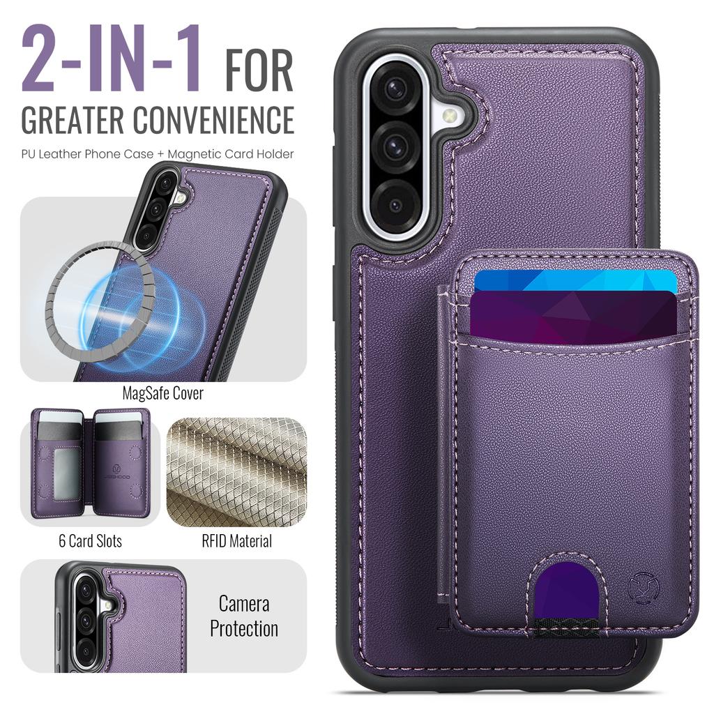 For Samsung Galaxy A56 5G Magnetic Case JEEHOOD J10 Leather Back Phone Cover with Detachable Card Holder Kickstand