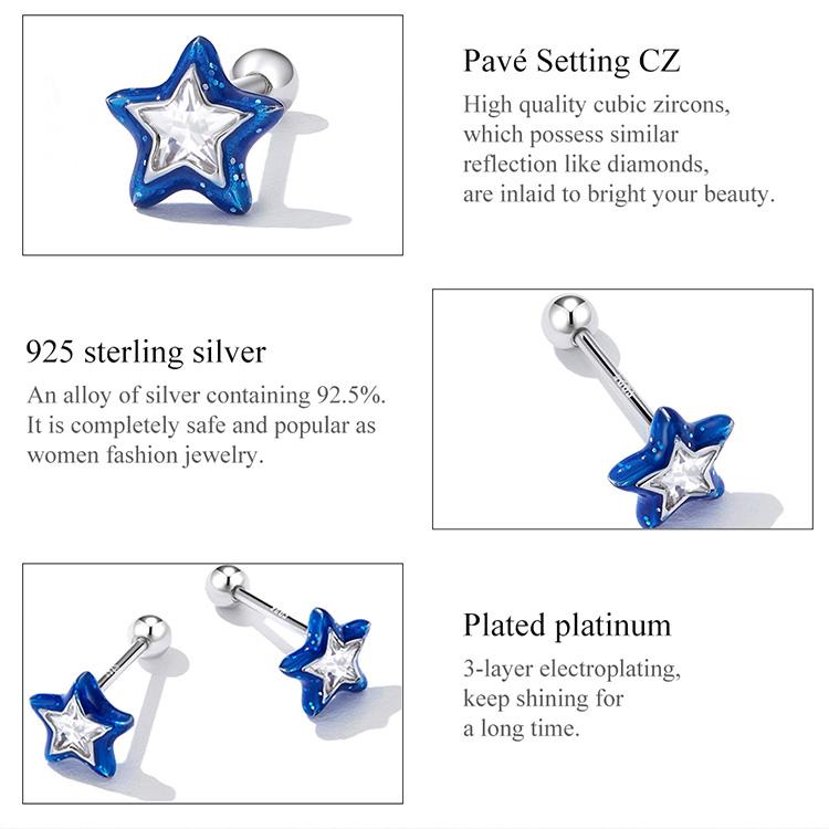 WOSTU 925 Sterling Silver Simple Mini Blue Star Stud Earrings For Women Star Zircon Ear Studs Fine Wedding Jewelry Gifts