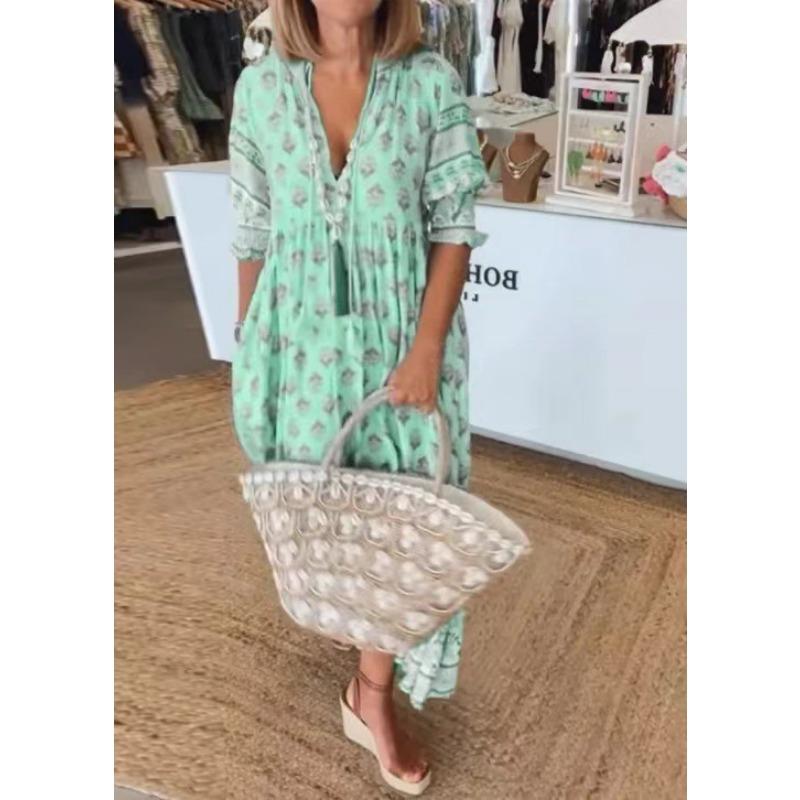 Women's Summer V-neck Fashion Printed Lantern Sleeve High Waist Big Swing Dresses