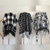 Winter France Knitting Tassels Shawl Women Fashion Warm Natural Plaid Muffler Female Vintage Design Knit Loose Print Scarf New