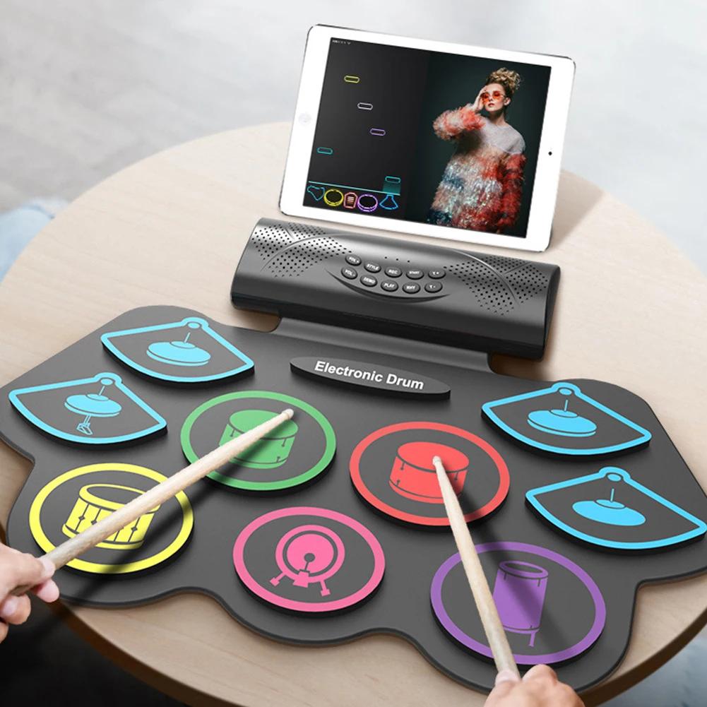 Electronic Drum Set with Drum Sticks and Pedals Portable Practice Drum Pad Kit BT Electric Drum Set for Kids Boy Birthday Gifts