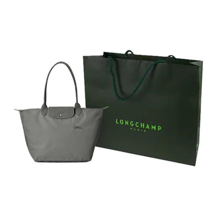Longchamp Le Pliage Green Логотип Складная Сумка-тоут на молнии с клапаном Холст и Кожа Наплечная Сумка Большие Женские Сумки Графит 1899919P66