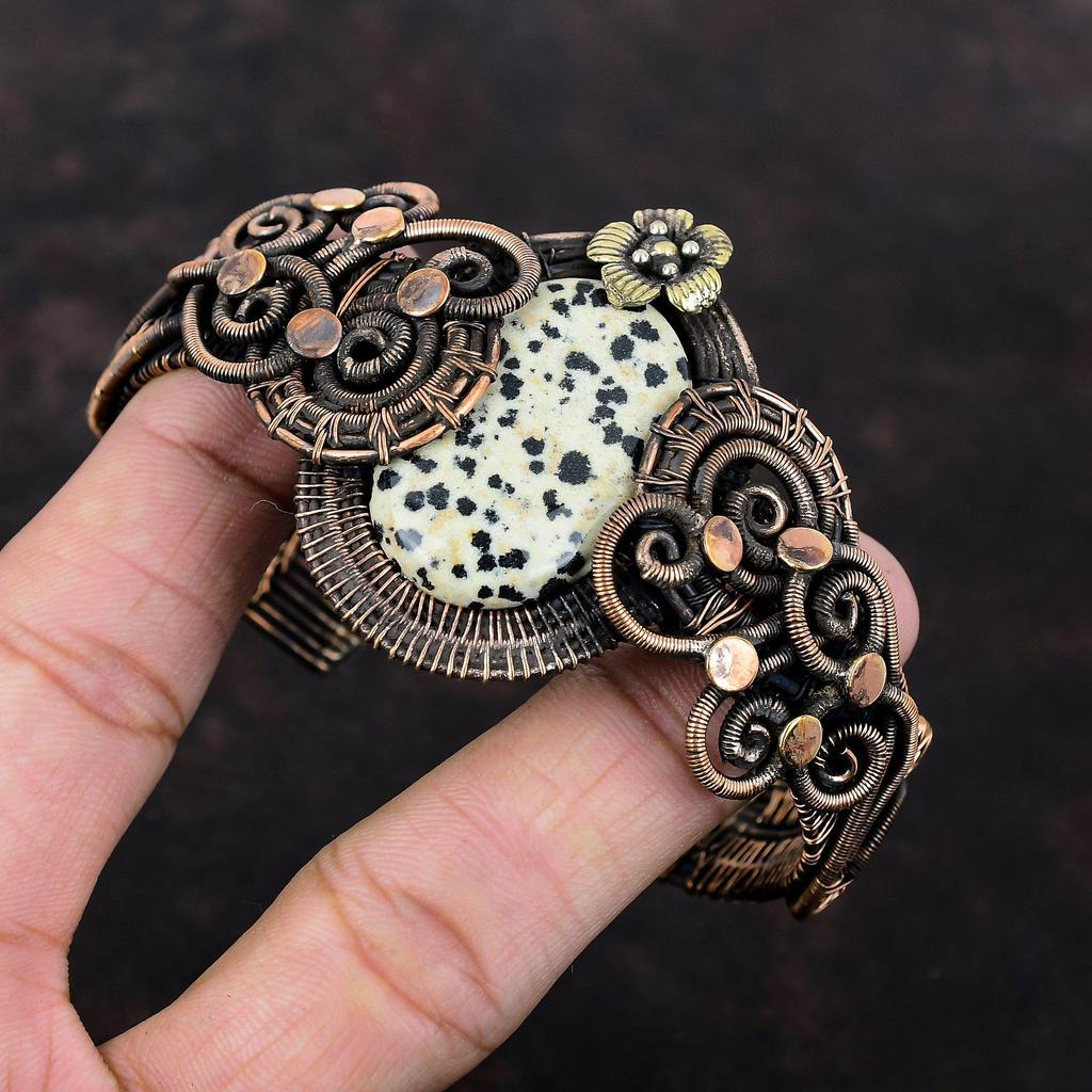 Далматинская яшма, драгоценный камень, медная проволока, браслет-манжета, регулируемый браслет, медные украшения ручной работы, цветок, браслет-манжета для подарка