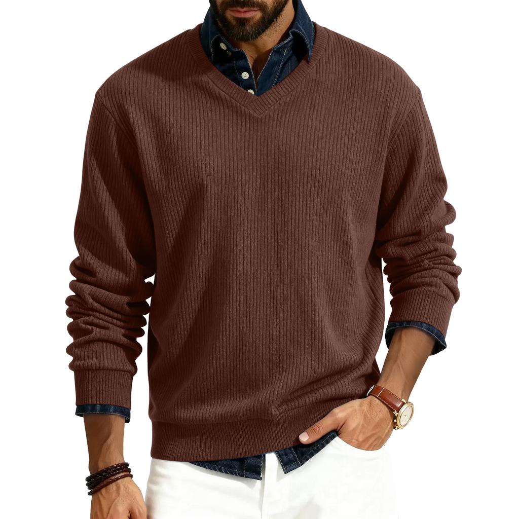 Men's V-neck Long-sleeved Ribbed Knit Pullover
