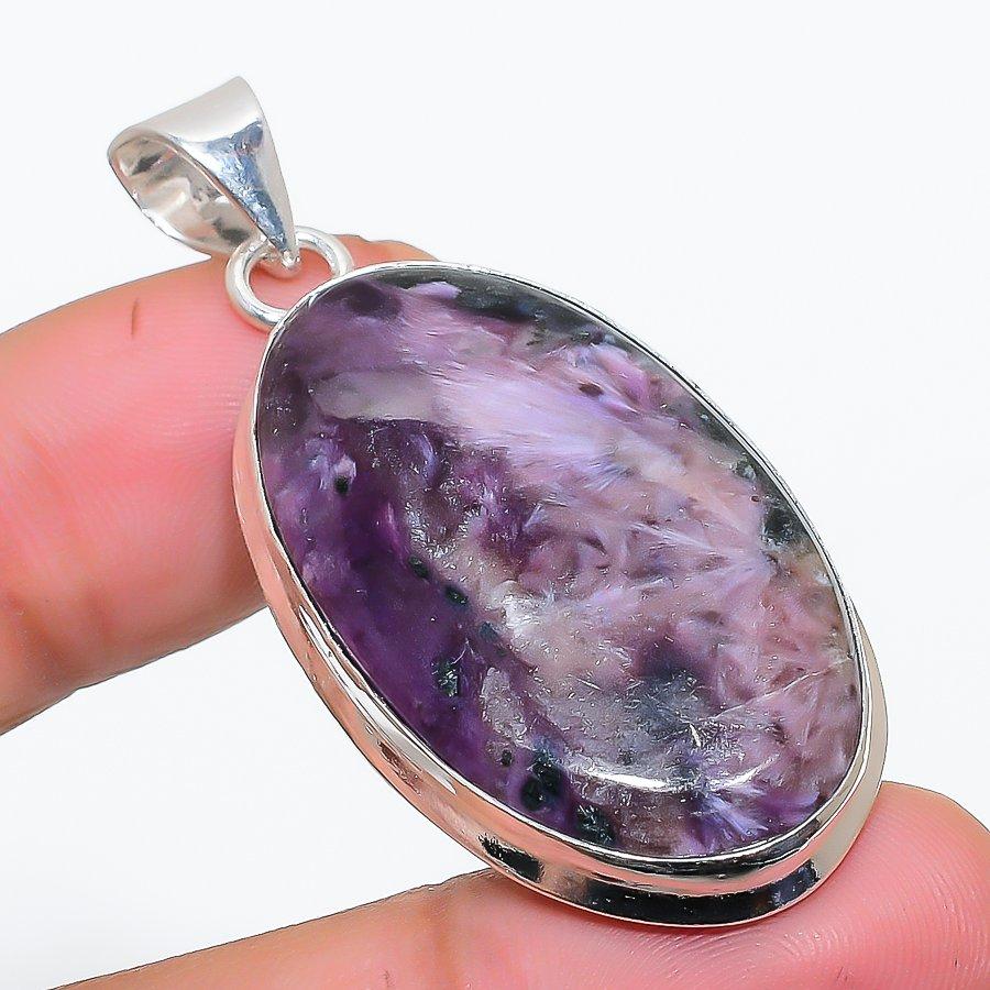 Russian Charoite Gemstone 925 Solid Sterling Silver Jewelry Pendant 2.01" SU-10204