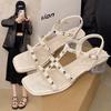 Sandals Women's Ins Trendy New Summer Fashion Versatile Thick Heel Middle Heel Rivet One-word Buckle Roman Sandals