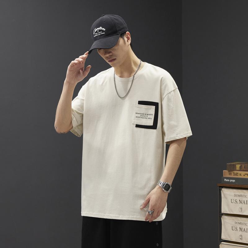 Summer Cotton Short Sleeved T-shirt Men's Half Sleeved Base Shirt Pocket Printed Loose Top