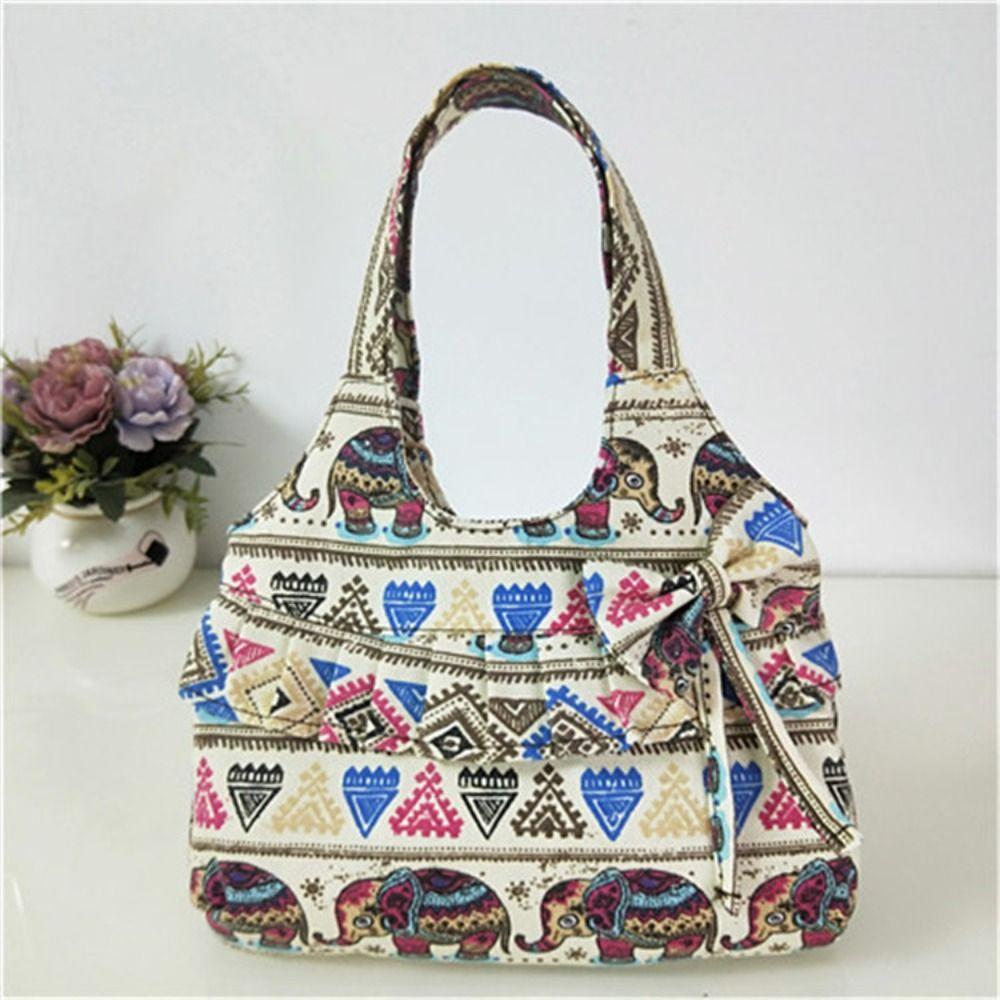 Retro Women Canvas Handbag Bow Shoulder Bag Female Flower Printed Fashion Small Canvas Bag