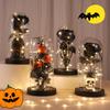 Preserved Black Roses In Glass Dome Halloween Light-up Eternal Flower In Cloche with Skull Pumpkin Statue for Home Kitchen Mantel Tabletop Decor