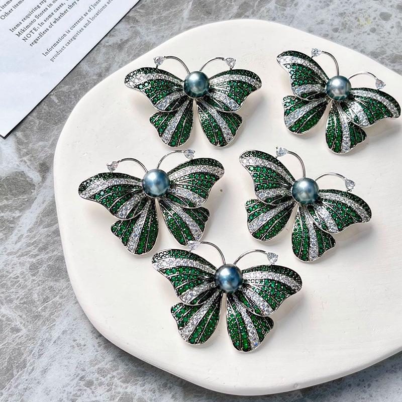 Luxury Gold-Plated Green Butterfly Brooch for Women - Pearl, Zircon Pin, Micro-Paved Design