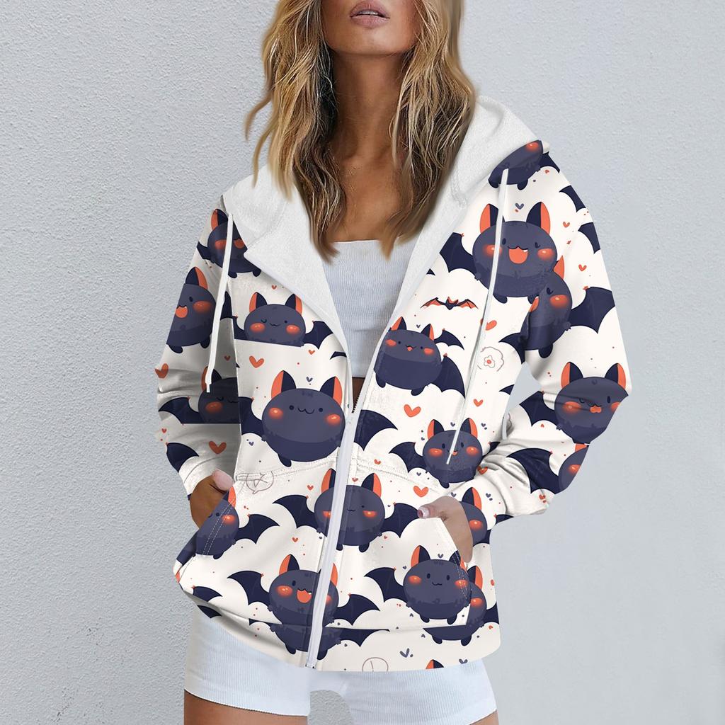 Женская повседневная спортивная одежда с принтом на Хэллоуин, осенне-зимняя куртка с капюшоном и длинными рукавами, с карманом на молнии