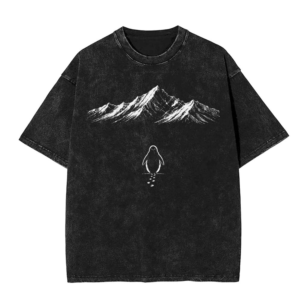 Streetwear Washed Tshirt Lone Penguin Survival But Why Funny Dark Meme Cotton Tshirts Hipster Tshirt Men Beach Y2k Basic Tees
