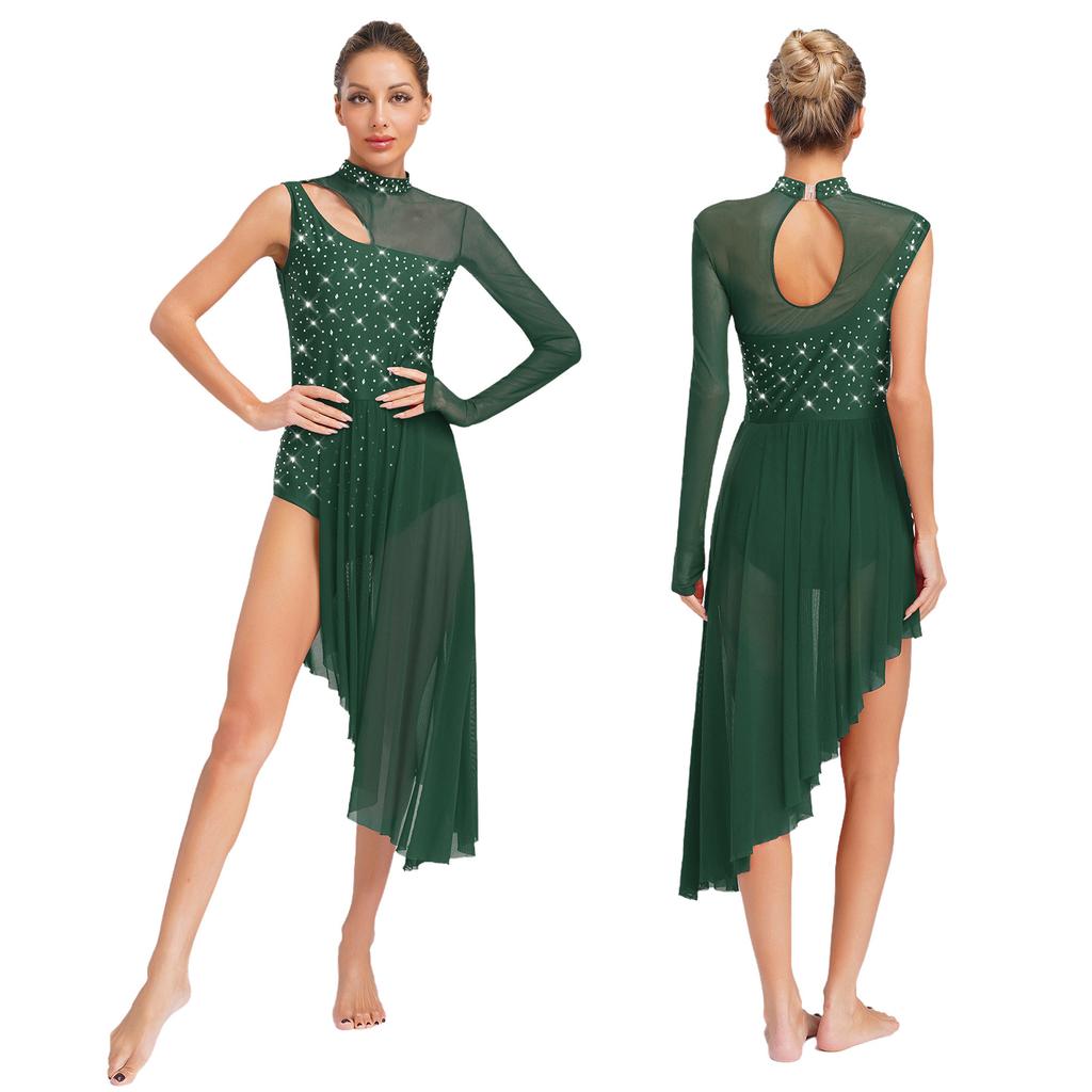 Women Asymmetrical Lyrical Dance Dress S-XXL - Mock Neck Cutout Sheer Mesh Patchwork Shiny Rhinestones Side Split Dancewear