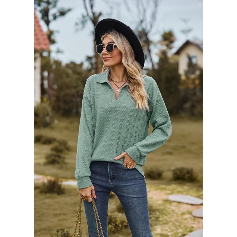 Spring and Autumn Women's Blouse Solid Color Lapel Loose Sweatshirt Long Sleeve Top