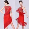 Latin Dance Dress Sleeveless With Tassels Asymmetric Sequins For Women - Red, M