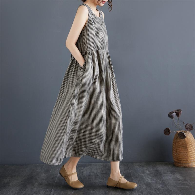 Vintage Plaid Tank Dress Crew Neck Sleeveless Base Dress Women's Long Summer Dress