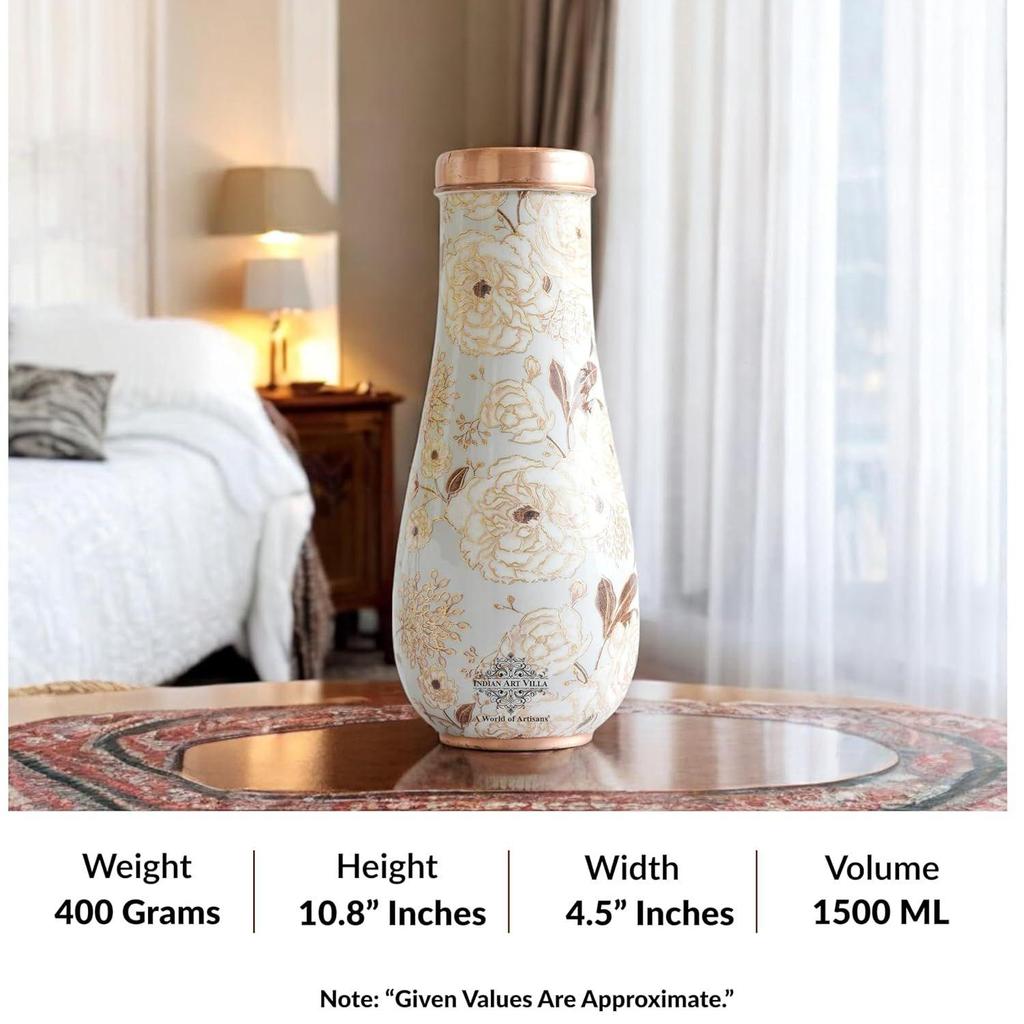 Gold Flower Print Bedroom Bottle – Designer Copper Drinkware, Elegant Copper Water Bottle for Everyday Use, Volume- 1500 ML