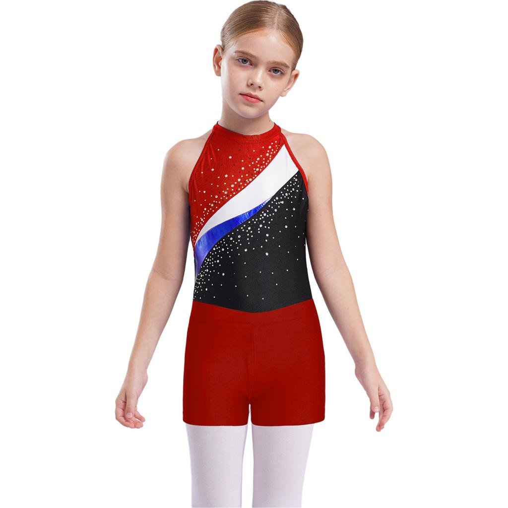 Girls Sleeveless Rhinestones Patchwork Leotard Hair Band V Front Waistband Shorts Dance Gymnastics Set