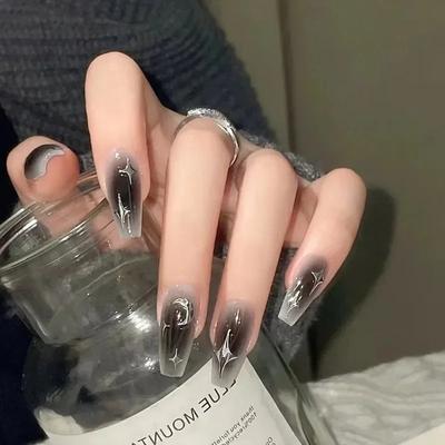 Накладные черные ногти, длинные балетные многоразовые клейкие акриловые накладные ногти, темные акриловые искусственные накладные ногти, 24 шт.
