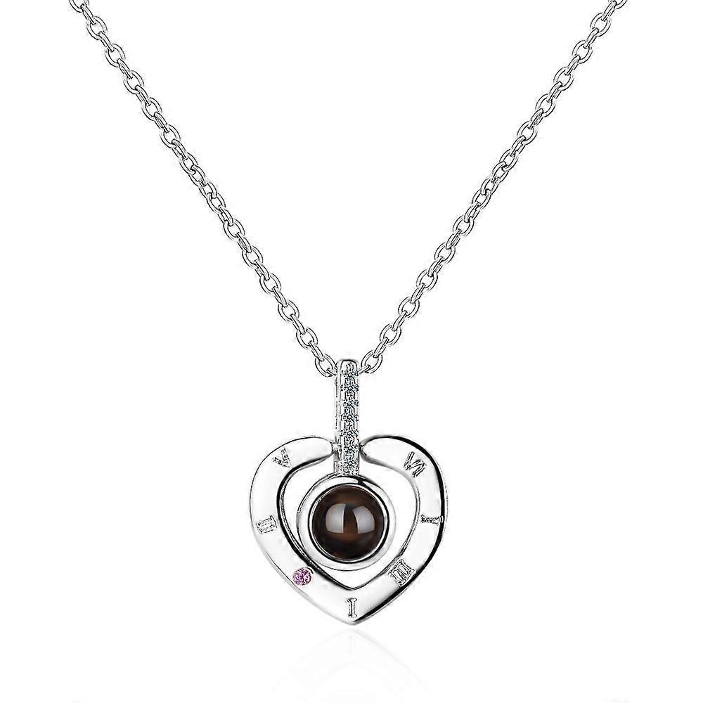 Women's Memory Clavicle Chain, Heart Pendant with 100 Languages I Love You, Copper Zircon Inlay