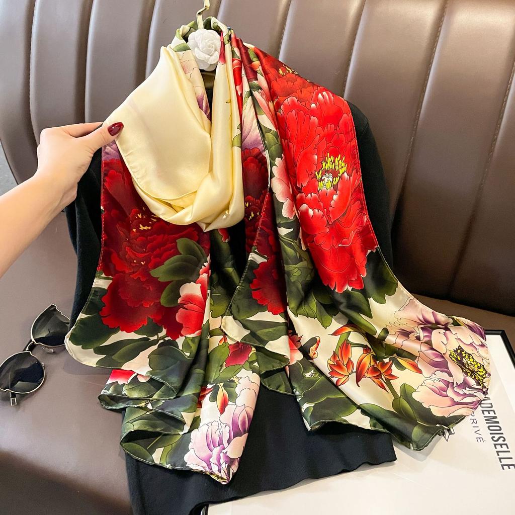 New Lijin Forging Silk Scarf Red Moonflower Printing Shawl Spring and Autumn Female Simulation Silk Scarf Versatile