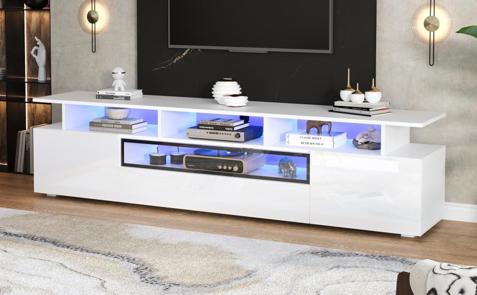 180*38*45cm TV Cabinet with 2 Cabinets and 1 Drawer, Lowboard with LED and 10 Storage Surfaces, Suitable for TVs around 75 Inches