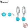 BAMOER 925 Sterling Silver Round Beads Drop Earrings Vintage Turquiose Ear Buckles for Women Fine Jewelry Gift
