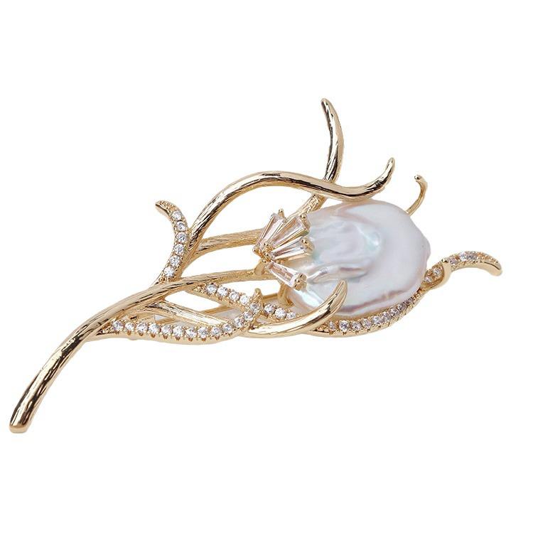 Vintage Floral Baroque Freshwater Pearl Brooch with Gold-Plated Copper and Zircon Accents