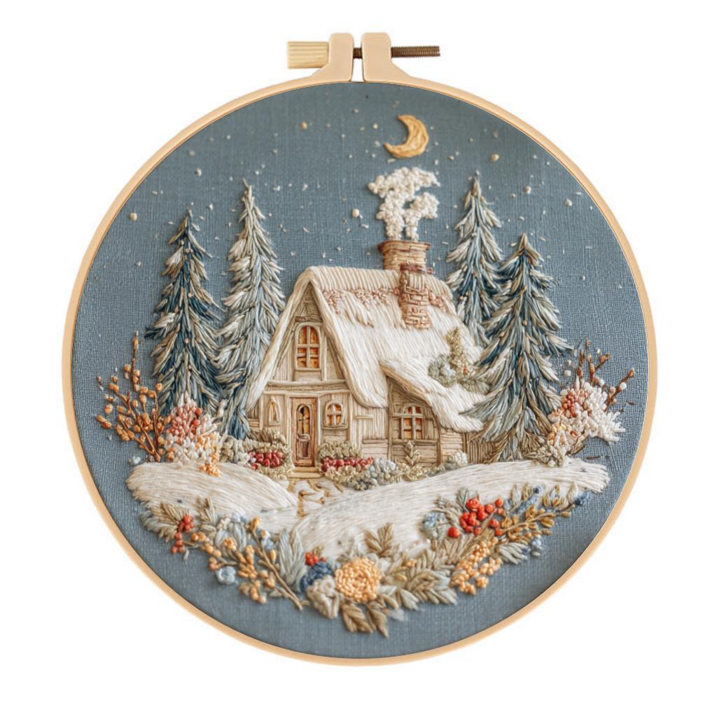1set Christmas Flower Snow Scene Kit DIY Embroidery Materials, Includes Tools, Suitable for Beginners, Hand Embroidery Fabric Material Set