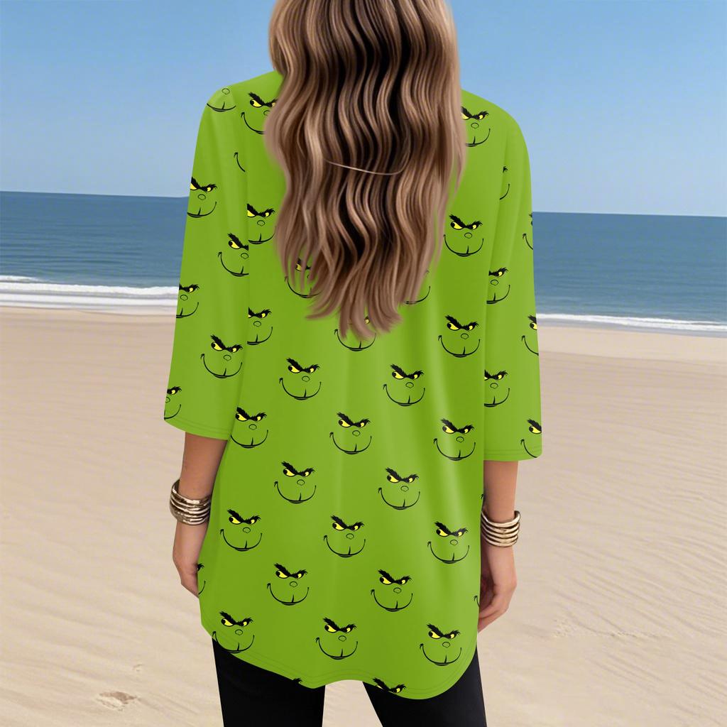 Женские топы с V-образным вырезом и рукавом 3/4, повседневные блузки средней длины, модные туники с рождественским принтом и карманами