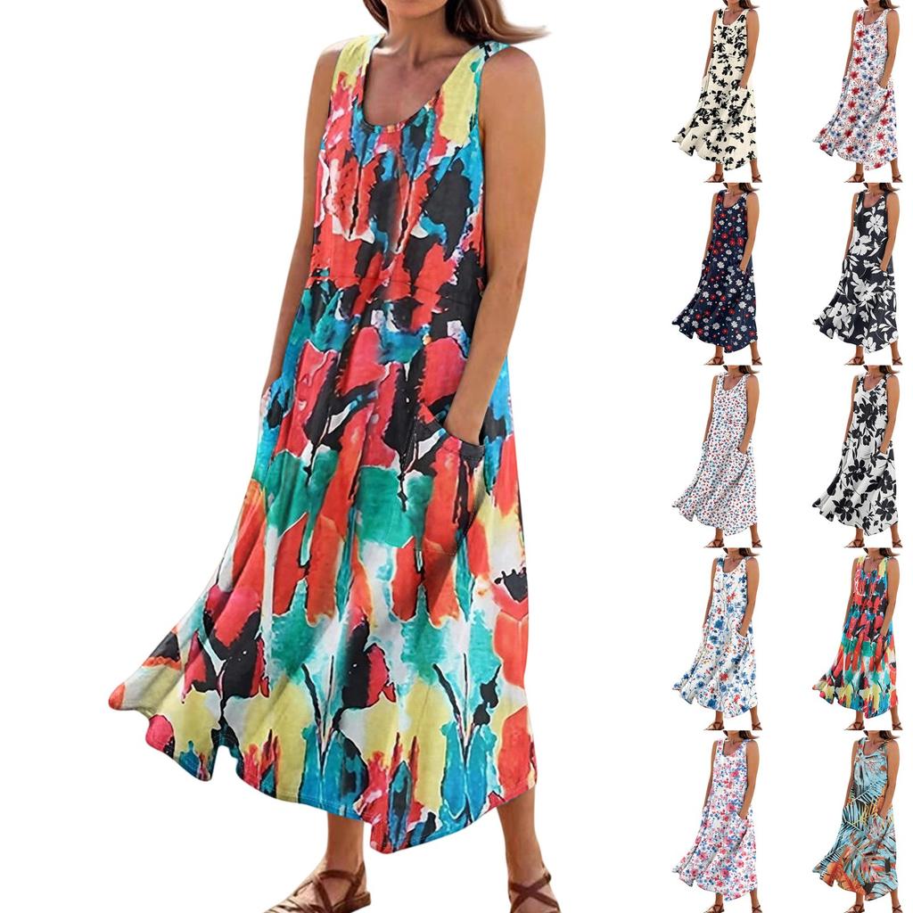Women's Summer Casual Fashion Flower Printed Sleeveless Pocket Dress