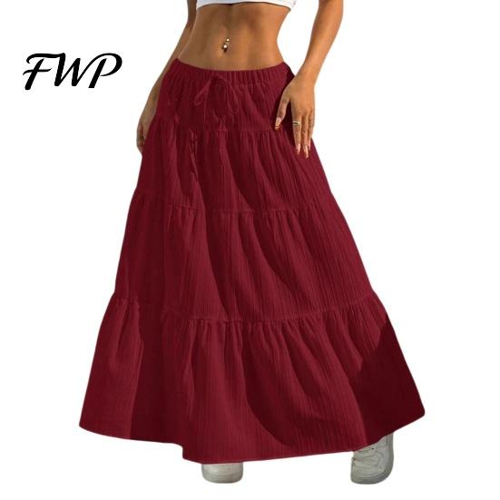 Elegant Casual Skirt Women Long Spring Summer Middle Waist A Line Flowy Swing Breathable Solid Color Elastic Drawstring Pleated