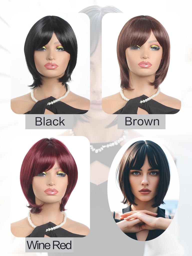 Короткие прямые парики боб для женщин, черные, коричневые, красные, синтетические, натуральные волосы, парик с челкой, термостойкие, для повседневного использования, для косплея