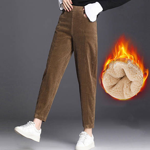 Fashion Women's Winter Thicken Plush Corduroy Casual Pants Warm High Waist Trousers