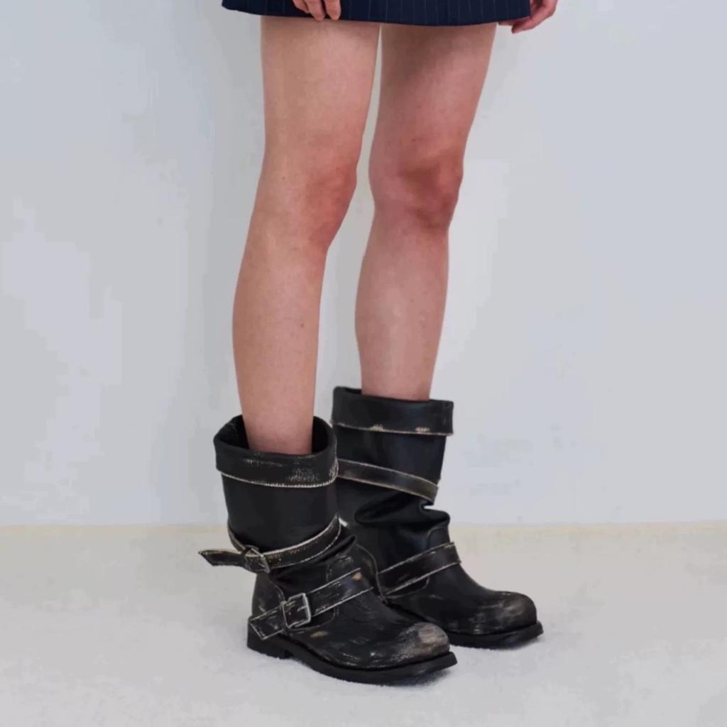 Cowhide Version~ Genuine Leather Polished Heavy Industry Old Stacking Boots Women's Belt Buckle Two Wear Retro Style Knight Boots Outdoor Boots