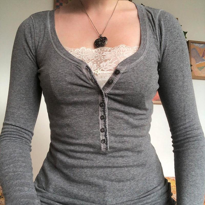 Y2k футболка с кружевными пуговицами Fairycore, милый укороченный топ в стиле ретро, ​​контрастный женский осенний пуловер в стиле Харадзюку, базовая вязаная футболка в Корейском стиле, эстетичная