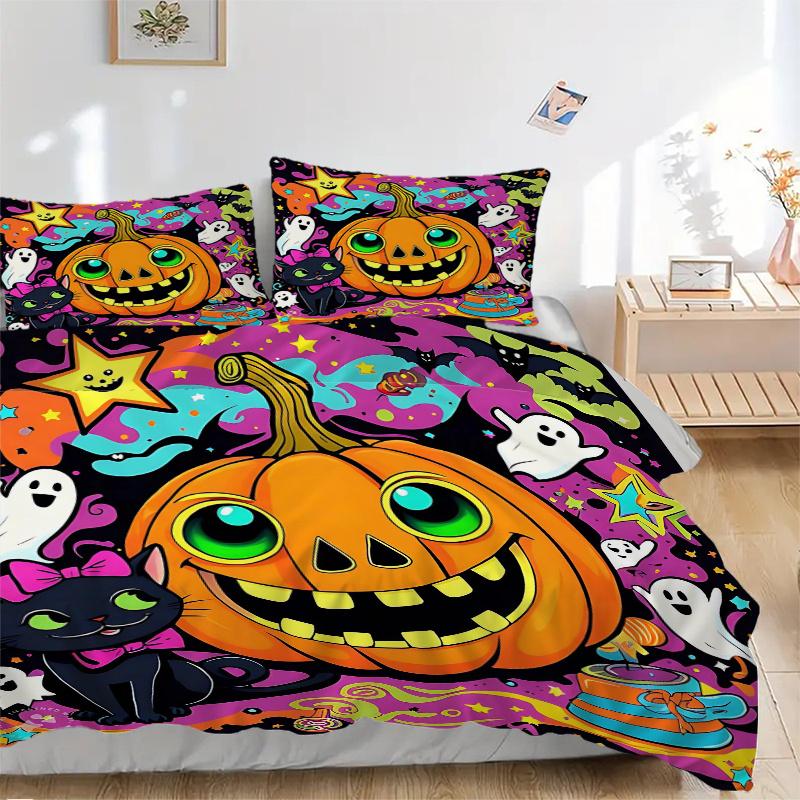 3pcs Happy Pumpkin Halloween Bedding Set - Includes 1 Quilt Cover and 2 Pillowcases, Comfortable Bedding with Stylish Design for Bedroom,N059