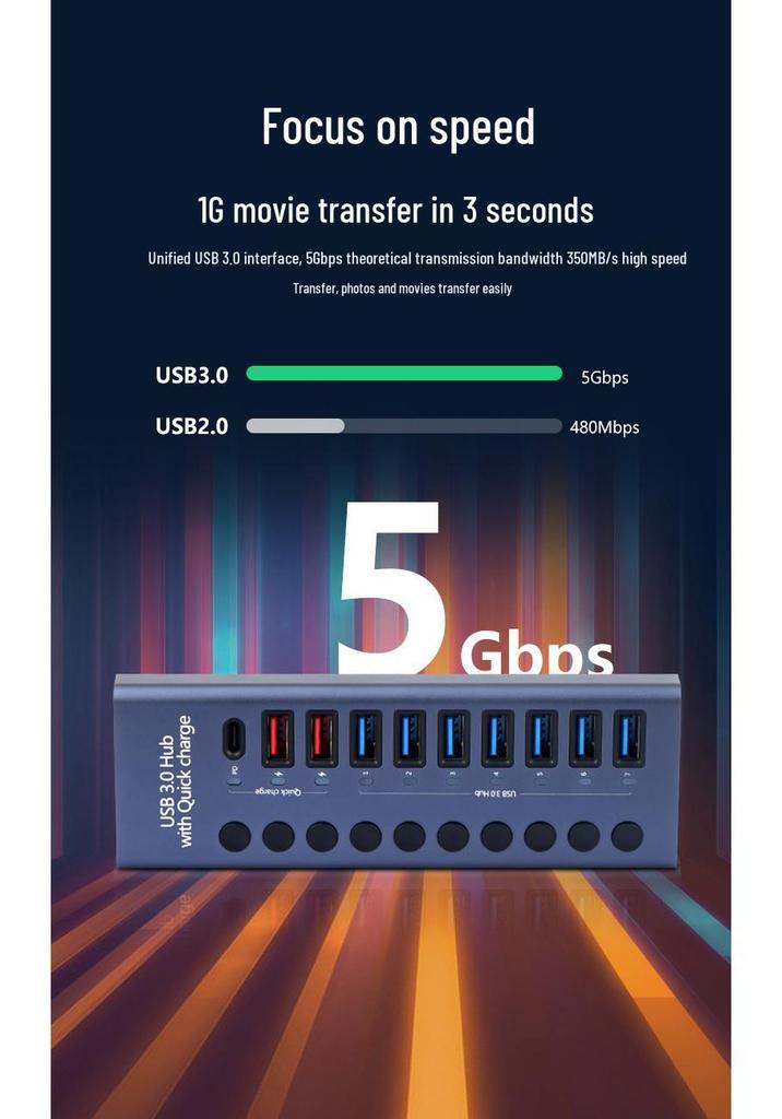 10-портовый USB 3.0 концентратор с независимыми переключателями и док-станция с высоким током