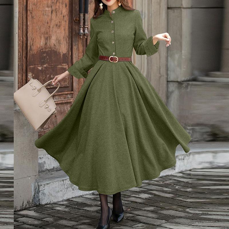 ZANZEA Женское повседневное платье с длинными рукавами и воротником-стойкой, полностью расклешенное