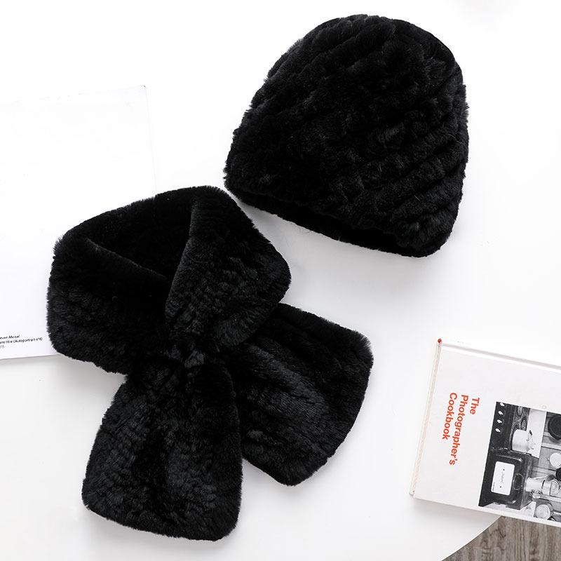 Soft Rabbit Fur Hat for Women Knitted Thick Warm Beanie Scarf Set