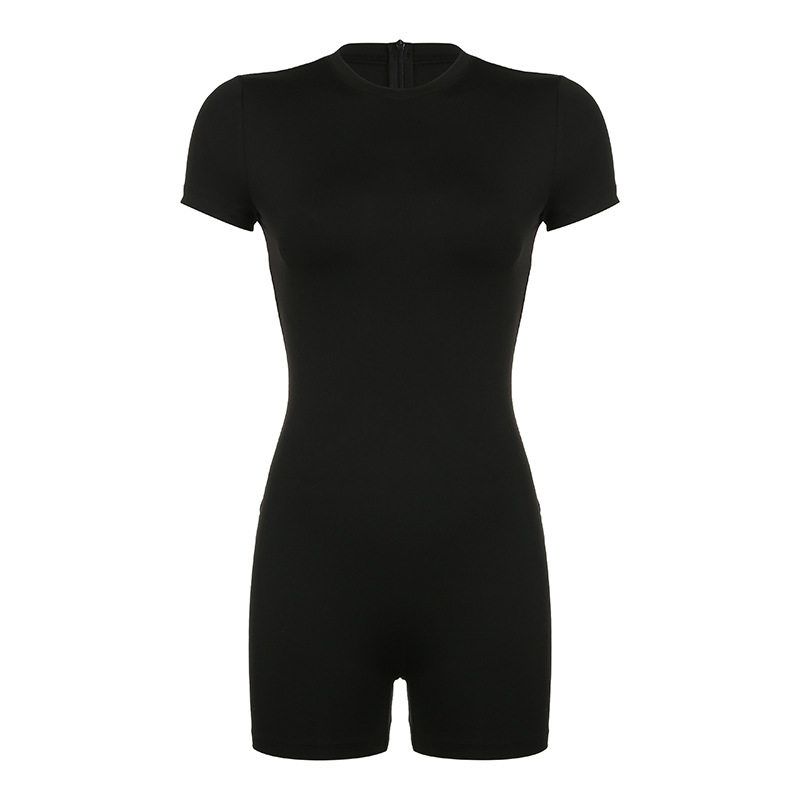 Fashion Casual Exercise Women's Clothing Fashion Style Pure Color Basic Fitness Short Sleeve One-Piece Trousers round Neck Tight One-Piece Shorts