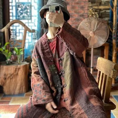 Льняные лоскутные винтажные женские пальто с принтом в китайском стиле, весенние свободные хлопковые парки с длинными рукавами в стиле ретро с v-образным вырезом