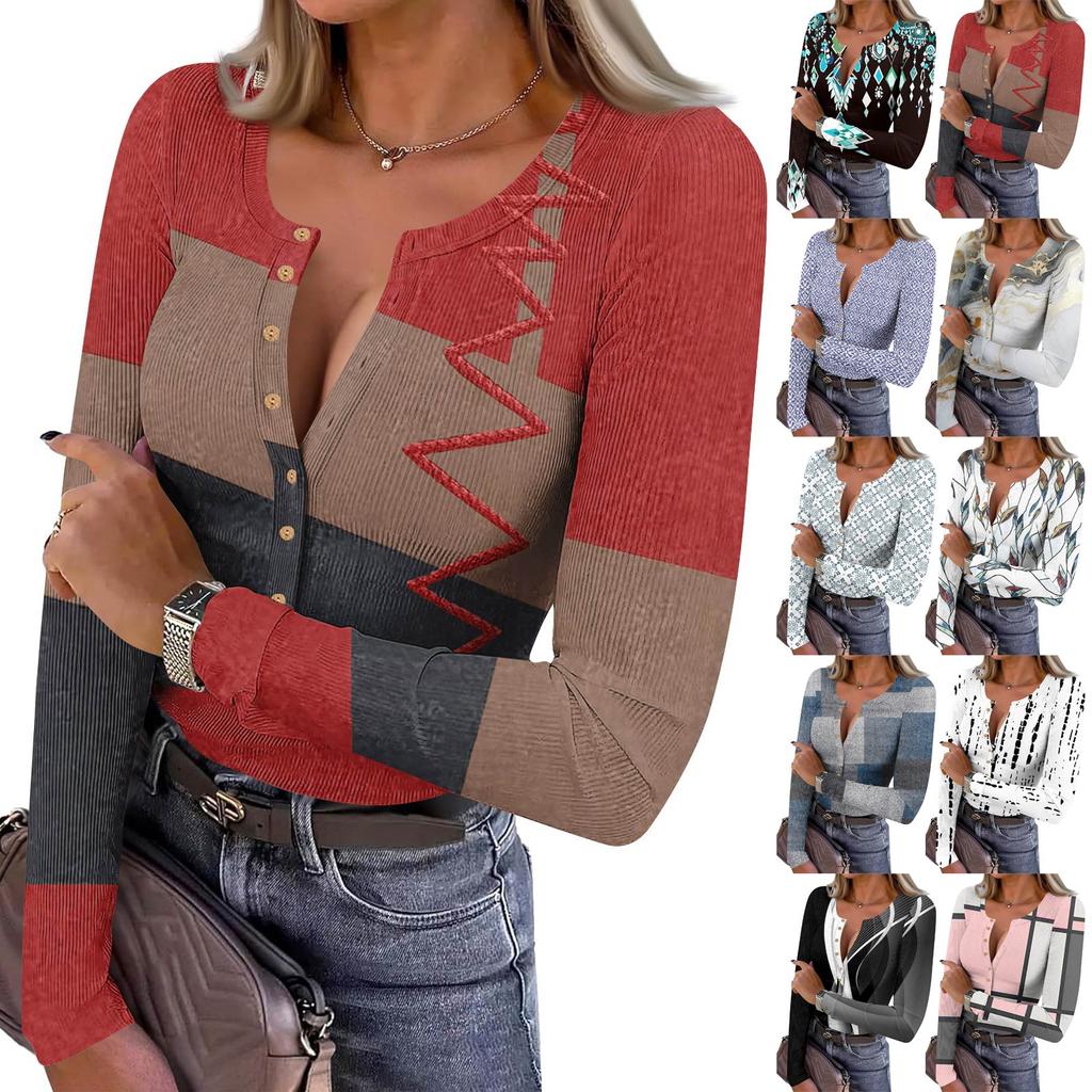 Women's Slim Bottom T-shirt Fashion Casual Gradient Printing Round Neck Pullover Long Sleeve Top