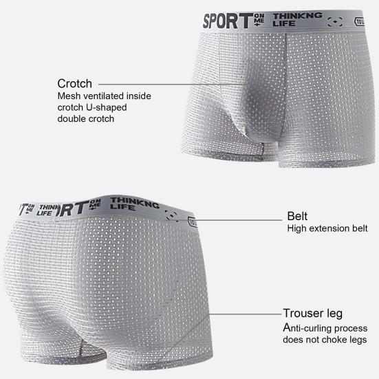 Men Boxer Briefs Mid-rise Elastic Waistband Shorts Underwear Solid Color Letter Print Breathable Mesh U-Convex Panties
