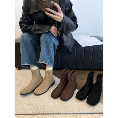 Осень-зима 2025 новая корейская версия квадратный носок низкий каблук тонкие ботильоны ретро универсальные голые ботильоны ботильоны Мартин мягкая кожа