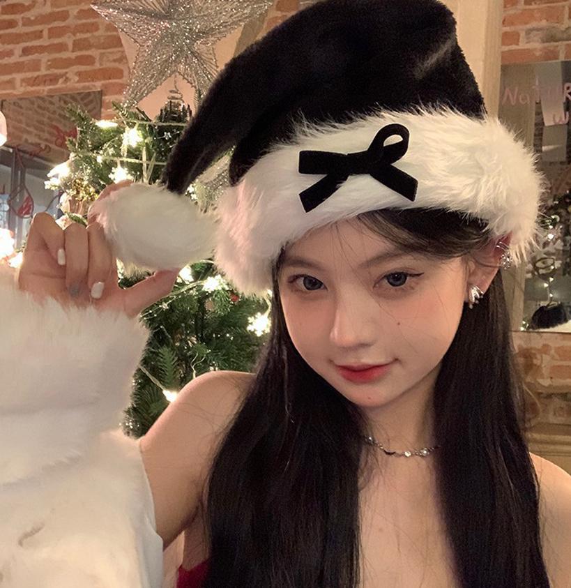 Red Cherry Bow Christmas Hat Warm Plush Cap Decorations Christmas Hat Xmas Party Decorations Women Girls Cosplay Headwear