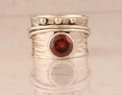 Кольцо с круглым камнем из красного граната, кольцо-спиннер, кольцо из стерлингового серебра 925 пробы, кольцо-спиннер, богемное кольцо, кольцо унисекс, ювелирные изделия ручной работы